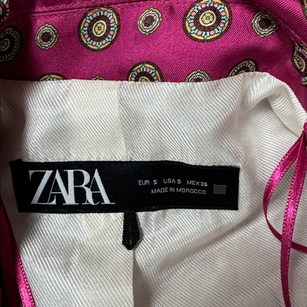 Zara Satin Effect Printed Open Front Blazer Jacket Pink Teal Blue size Small - Picture 14 of 14